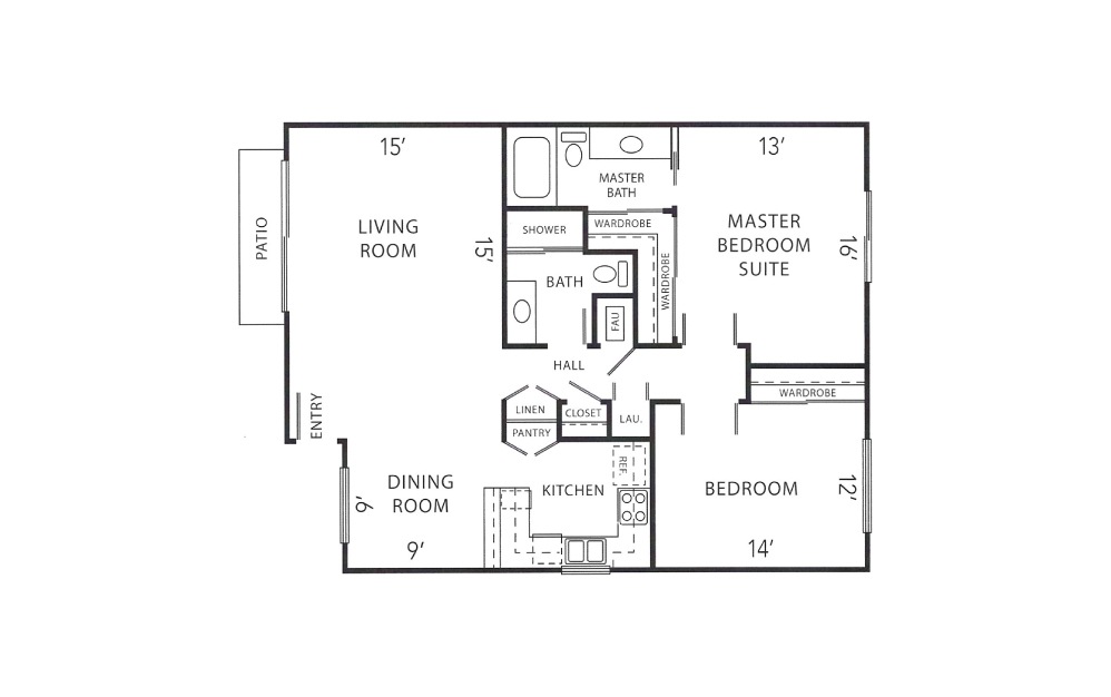 Cottonwood - 2 bedroom floorplan layout with 2 baths and 1151 square feet.